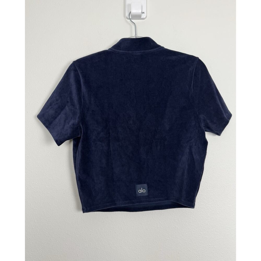 Alo Sweatshirt Cropped Micro Corduroy Winter Break Mock Neck Top Navy - Large - Picture 2 of 7
